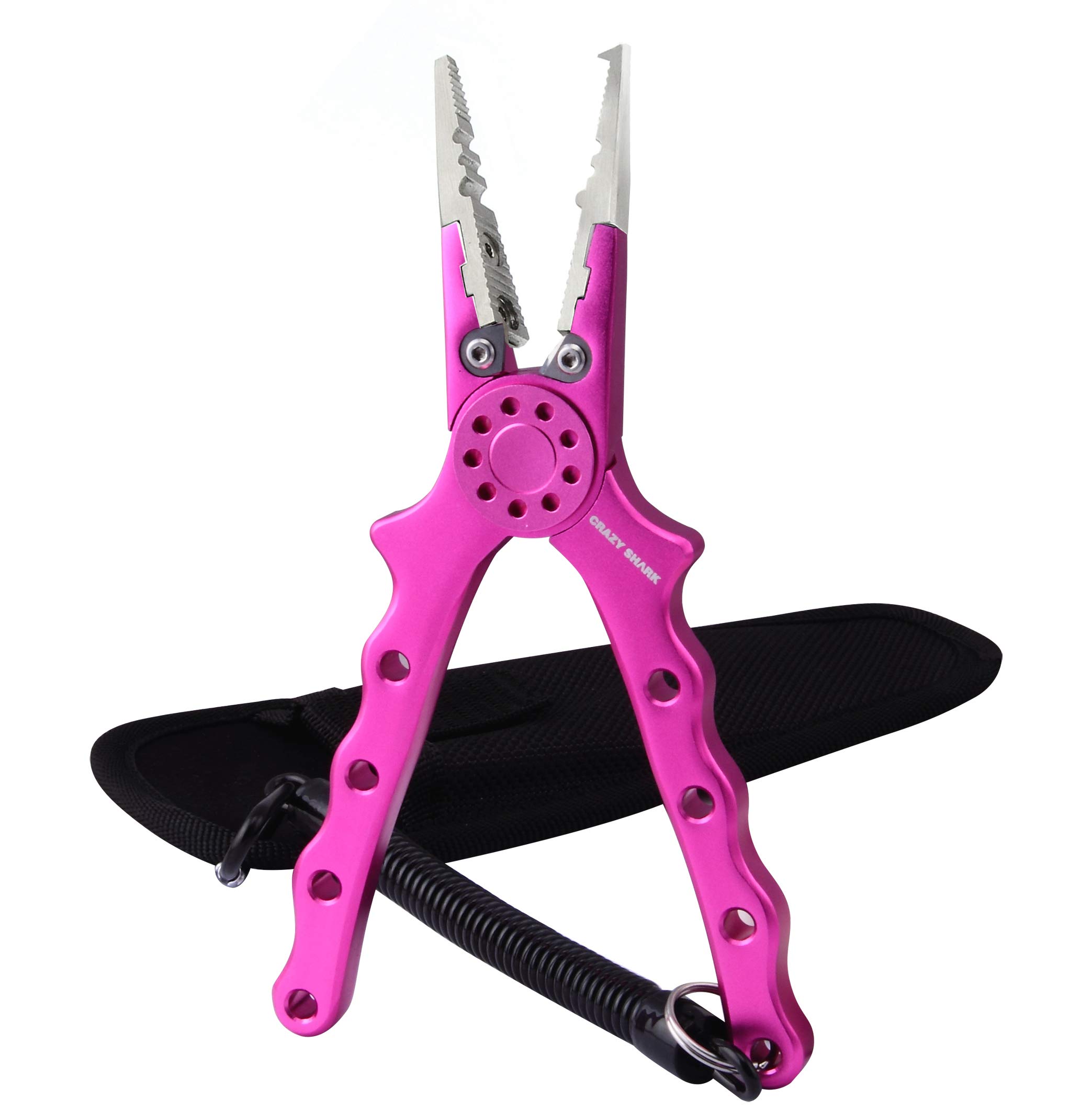 CRAZY SHARK Professional Saltwater/Fresh Water Aluminum Fishing Pliers Tungsten Carbide Cutters Hook Remover with Sheath and Lanyard (Pink A) — image 1