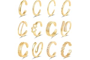 Wrlcorly 12Pcs 14K Gold Filled Toe Rings for Women Simple Open Band Toe Ring Hawaiian Summer Beach Daisy Flower CZ Snake Love Knot Thin Foot Jewelry Set Gold Silver Tone Adjustable