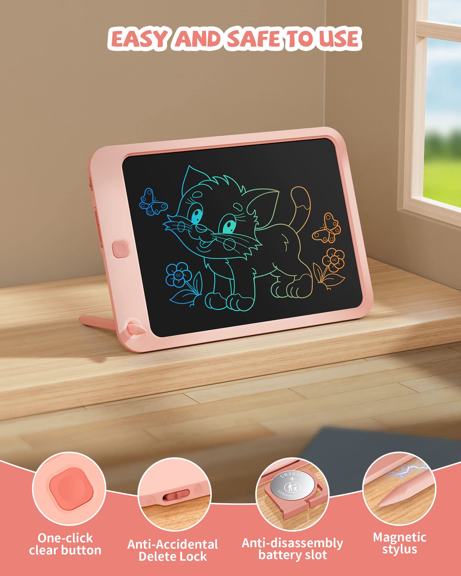 LCD Writing Tablet 10 Inch, Toys for 3 4 5 6 7 8 9 10 Year Old Boys Girls, Colorful Doodle Board Drawing Tablet, Gift for Boys Toddlers Age 3-12 Years, Memo Board, Drawing Pads with Lanyard (Pink)