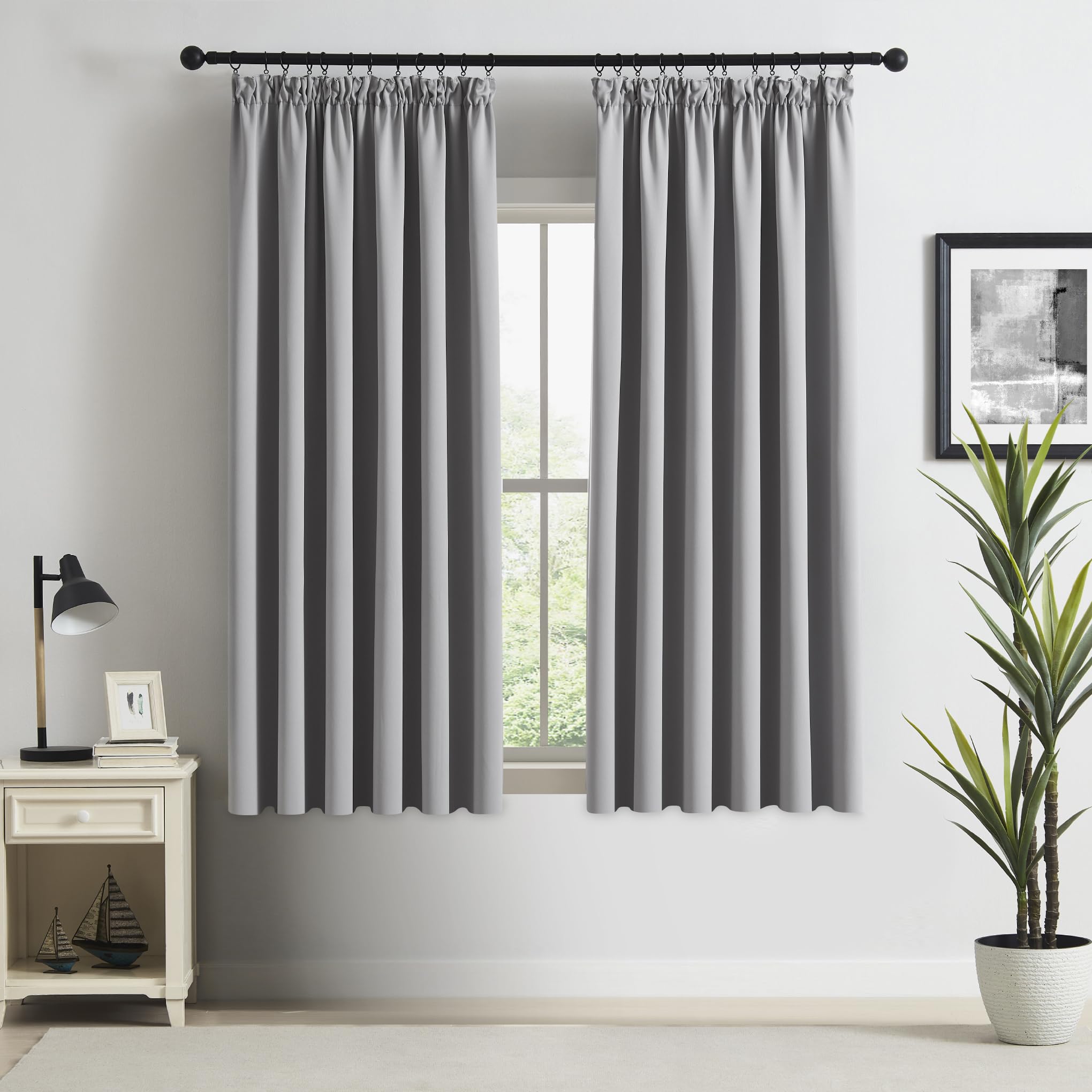 Beauoop Pencil Pleat Blackout Curtains for Bedroom 54 inch Drop Grey Curtains for Living Room Rod Pocket Light Blocking Thermal Insulated Drapes Window Treatment 2 Panels, W66 x L54