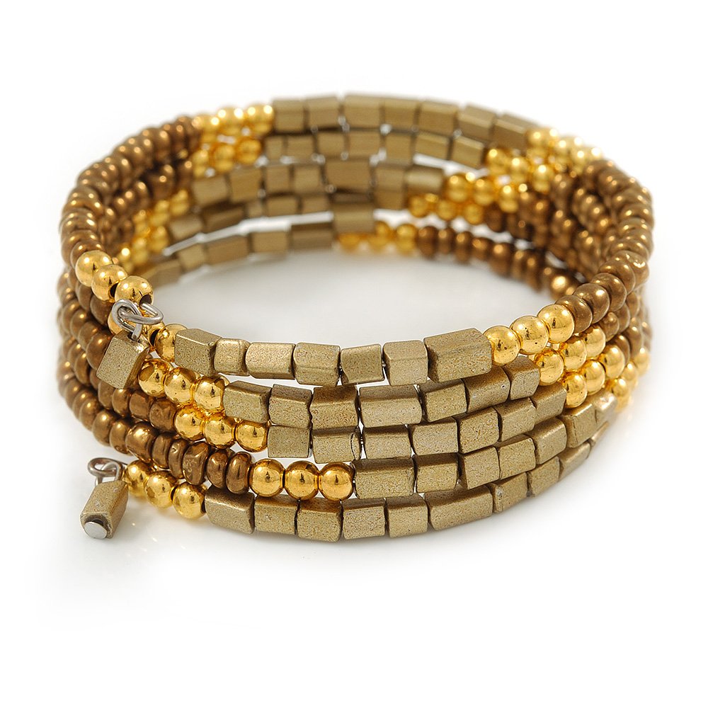 Avalaya Bronze Brown Glass Bead, Gold Acrylic Bead Multistrand Coiled Flex Bracelet - Adjustable