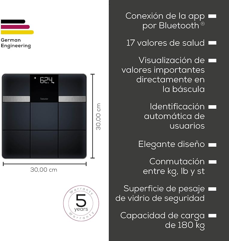 Balança pessoal Beurer BF 450 com ligação à aplicação, balança digital de gordura corporal com 17 valores de medição, estrutura de mosaico mate, 8 memórias de utilizador, 180 kg