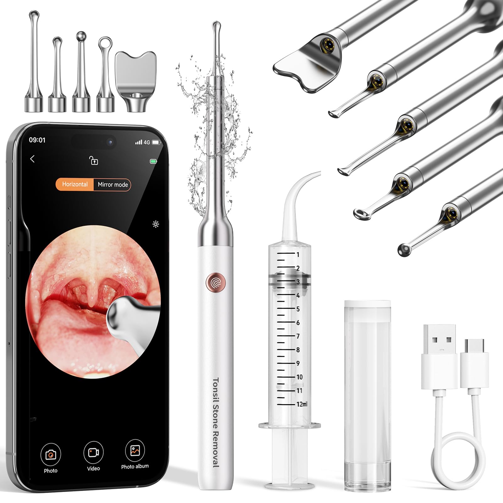 Photo 1 of 2025 Upgraded Tonsil Stone Remover with Camera, Visual Tonsil Stone Removal Kit with 6 LED Light, Tonsil Stone Removal Tool Camera with 1080P, 5 Head Attachments, for iOS & Android (White)