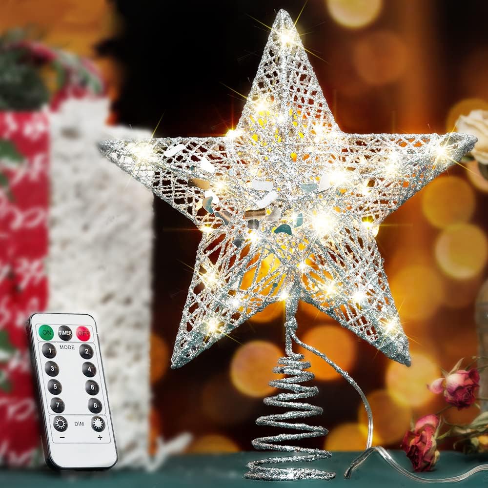 Tree Toppers - YAUNGEL Christmas Tree Topper, Star Tree Topper with 40 LED and Remote Control Battery Operated Warm Lights Treetop Christmas Decorations, Indoor Home Decor, Silver