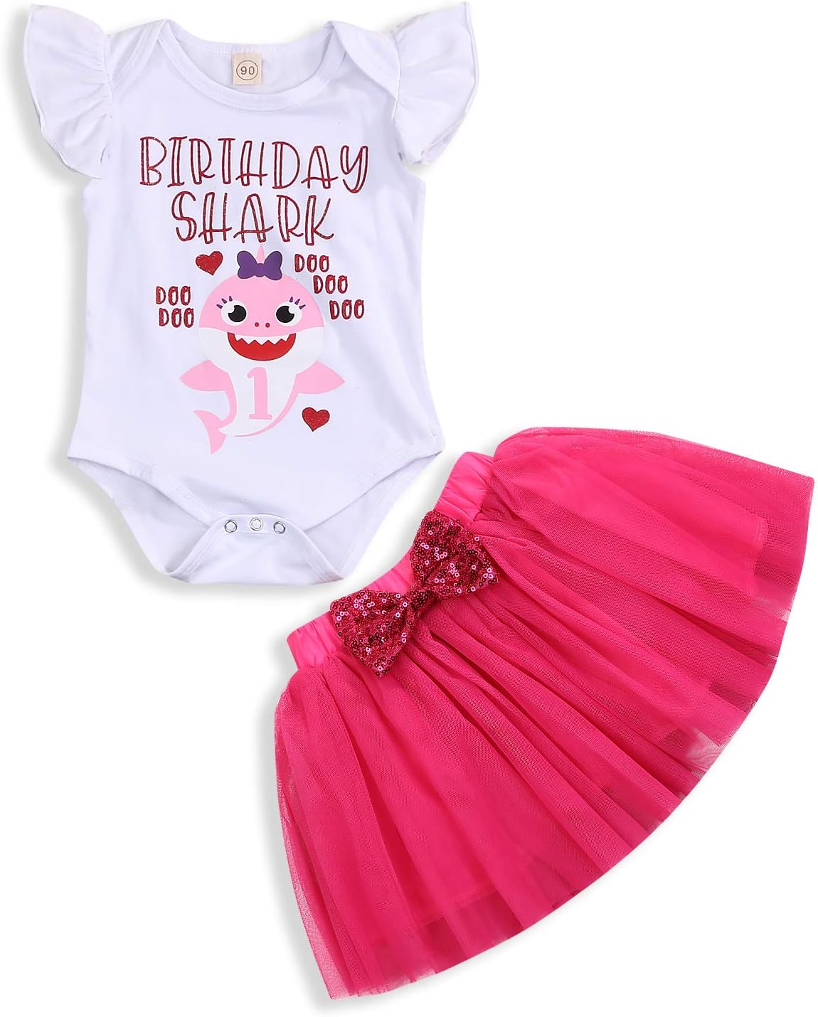 Baby Girl Birthday Shark Cake Smash Outfit Infant Girl 1st Birthday Romper Tutu Skirt with Headband Clothes Set