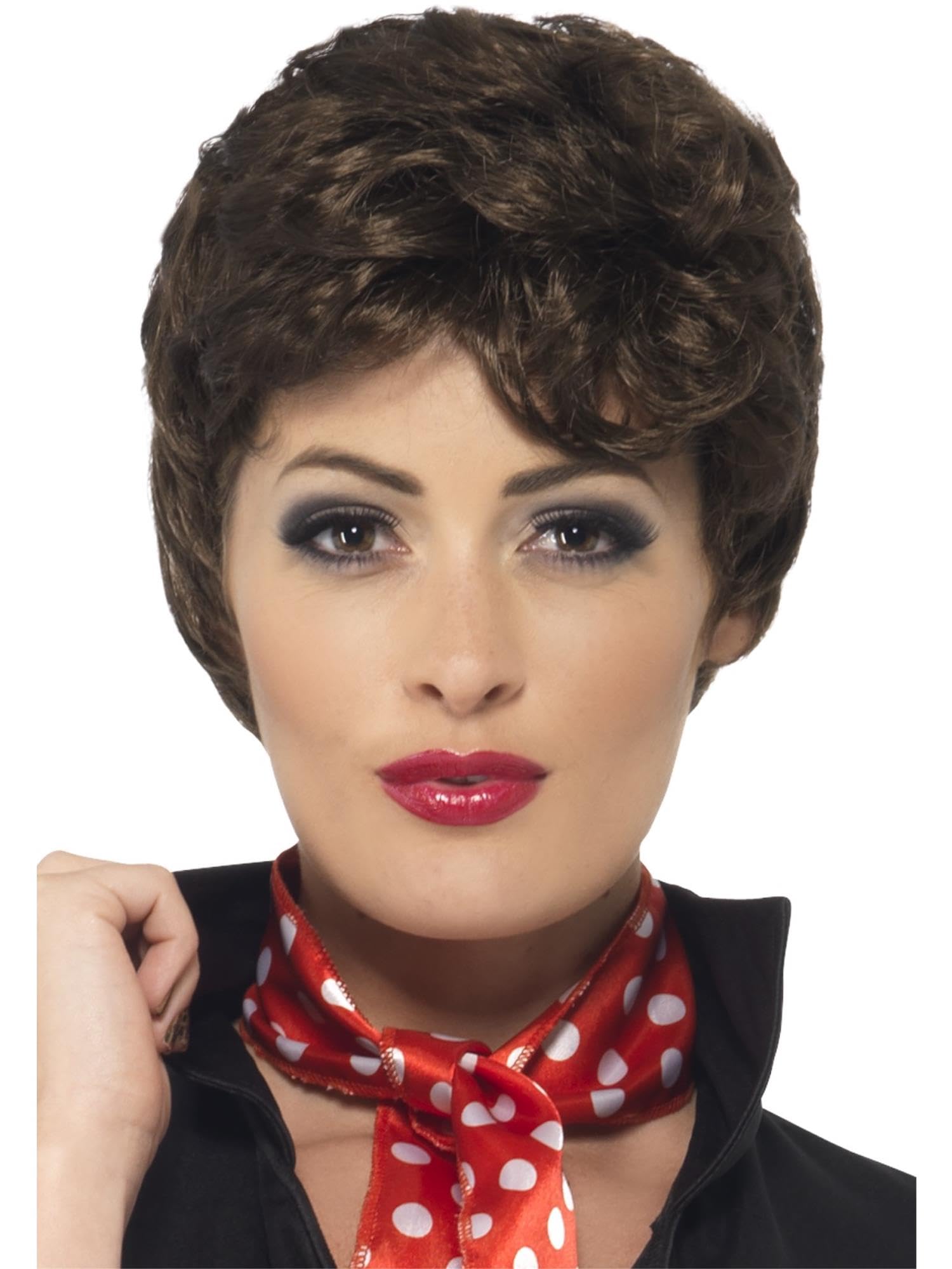 Smiffys Grease Rizzo Wig in Brown for Adults, Short and Curly, Officially Licensed, Iconic Rizzo Brown Wig Pre-Styled, Ideal for Matching Group Fancy Dress Outfits and Playful Events Halloween