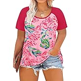 CARCOS Plus Size Tops for Women Short Sleeve Raglan Striped Tee Color Block Crewneck/V Neck Tunic Loose Fit Summer XL-5XL