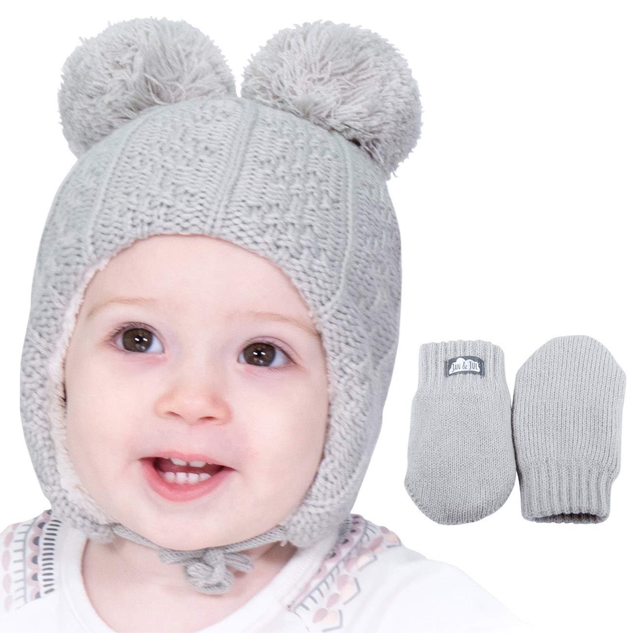 JAN & JUL Baby Toddler Warm Fall Winter HAT & Mitten Fleece Lined Unisex (S: 3-9 Months, Hat & Mitten Set: Grey Bear)