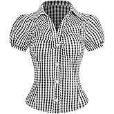 OYOANGLE Women's Plaid Button Down Short Puff Sleeve Blouse Y2K Gingham Collared Shirts Going Out Tops