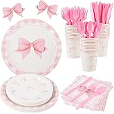 MTYOUTE 210PCS Pink Bow Birthday Party Supplies,Conquette Birthday Party Plates Napkins Cups Forks Spoons Knives Tableware Sets for Girl Bachelorette Bridal Engagement Decoration,Serves 30