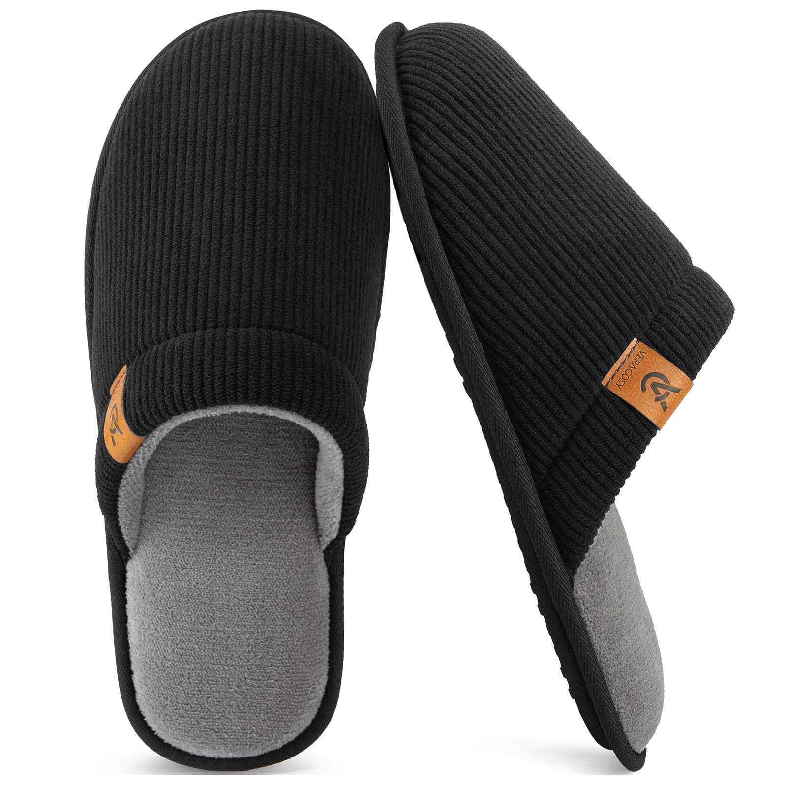 Photo 1 of VeraCosy Men's Corduroy Scuff Slippers Soft Comfy Memory Foam Non-slip Indoor House Shoes Carbon Black, 9-10 US