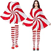 Blosssound Christmas Candy Cane Present Costume for Women Holiday Poncho Outfit Adult Red White Green Stripe Thigh High Sock