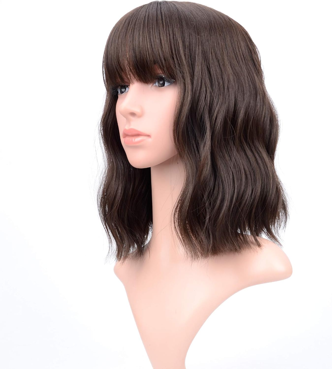 VCKOVCKO Short Bob Waves, Natural Brown, Wavy Synthetic Women's Shoulder Wig, Air Bangs, 12", 4#, 12 inch (Pack of 1)