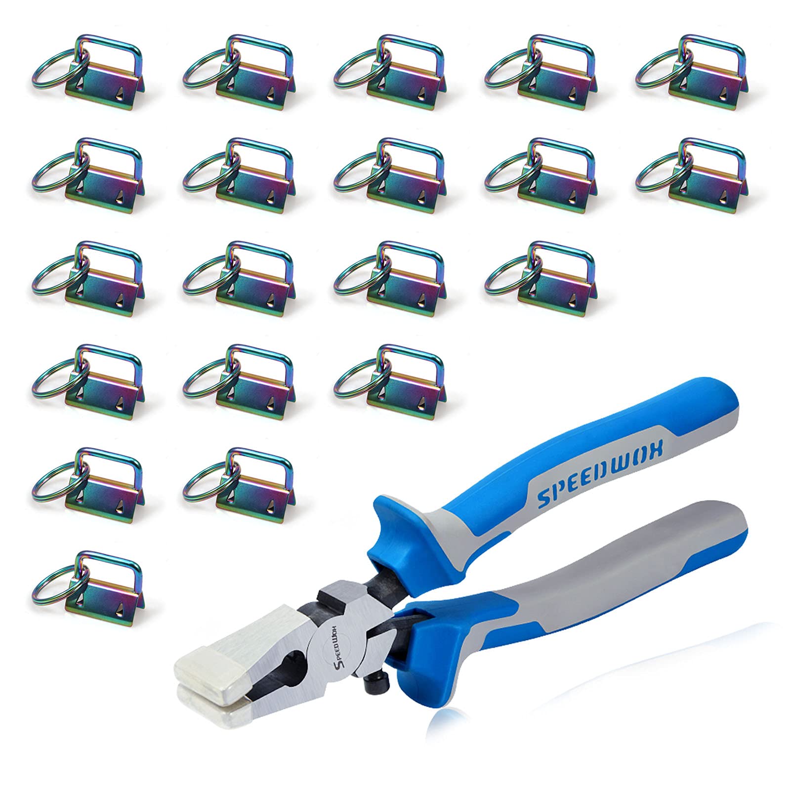 SPEEDWOX 20 Pcs 1" Rainbow Key Fob Hardware Set with Key Fob Pliers, 8 Inches Glass Breaking Pliers with Rubber Tips TPR Handles, for Wristlet Keychain Key Lanyard Making — image 1