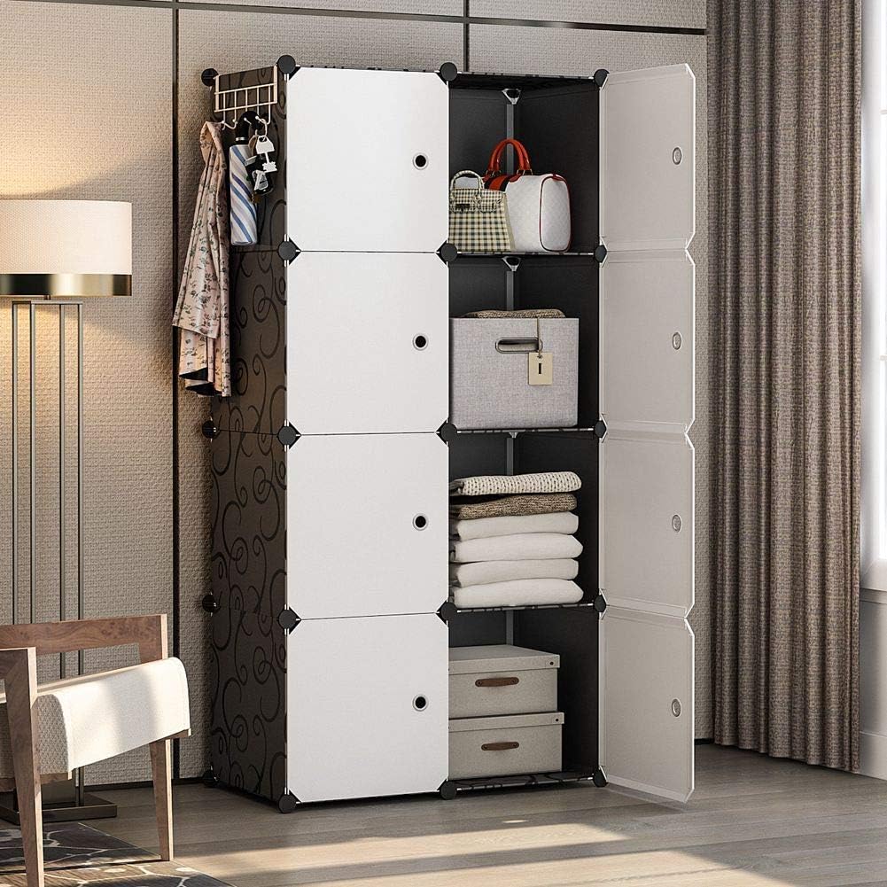 Organizemee DIY Portable Wardrobe (Free Metal side Hanger),Modular Storage Space Saving,for Clothes Closet Organizer,Armoire,Easily Assemble Best wardrobes, (Black&White)(8 Cubes)