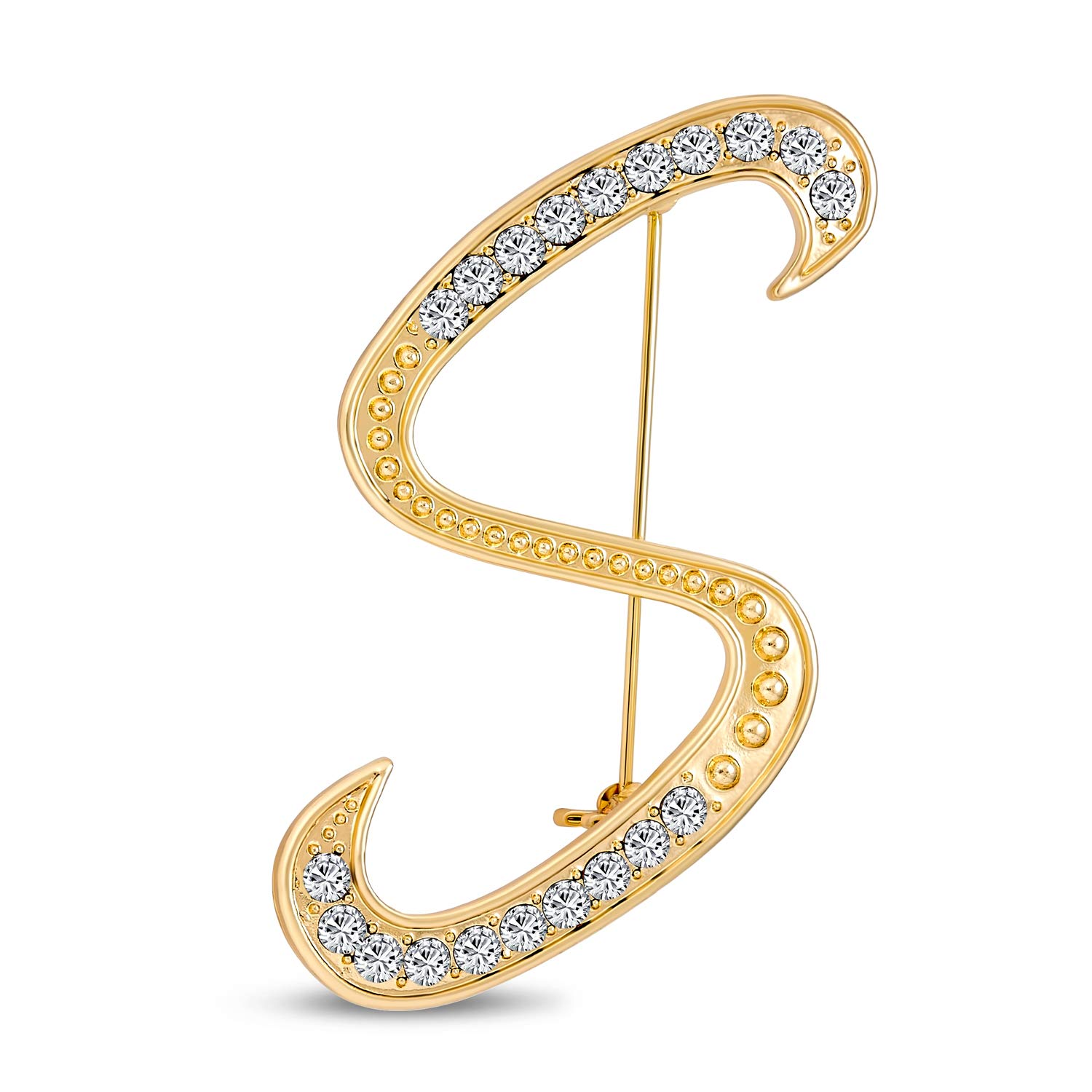 Large Statement ABC Pave Crystal Cursive Script Monogram Letters Alphabet Initial S Scarf Lapel Pin Brooch For Women Yellow Gold Plated
