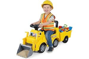 HONEY JOY Ride On Tractor with Trailer, Kids Excavator Bulldozer with Shovel, Seat Storage, Engine Sound, Music, Manual Contr