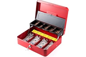WOT I Cash Box with Money Tray, Steel Money Box with Key Lock, 11.8"L x 9.5"W Cash Lock Box with Tray Cover / 5 Coin Trays / 4 Bill Slots / 2 Keys - Red