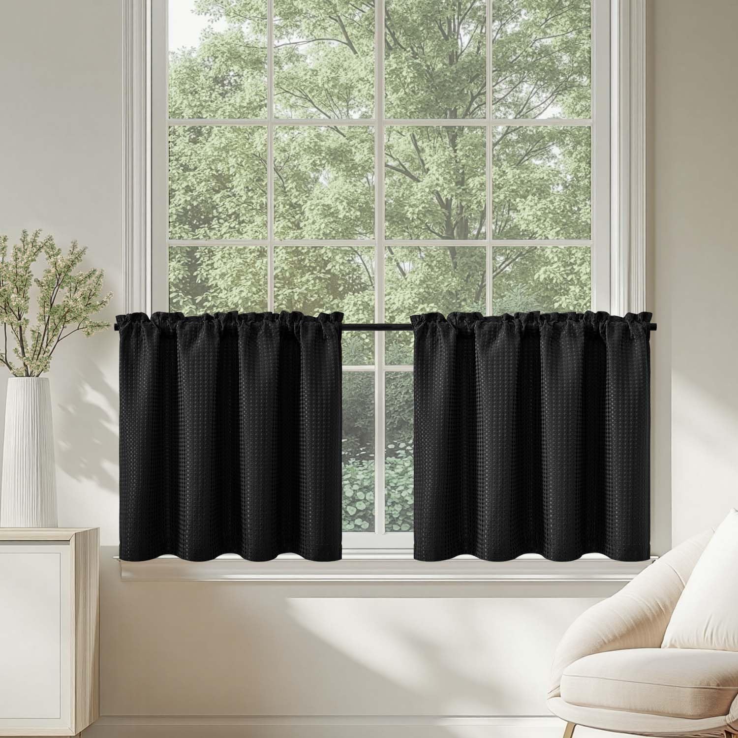 TOPICK Black Kitchen Curtains 24 Inch Drop Small Cafe Curtains Waffle Weave Textured Curtain Tiers for Bathroom Sink Laundry Half Window Rod Pocket 2 Panels