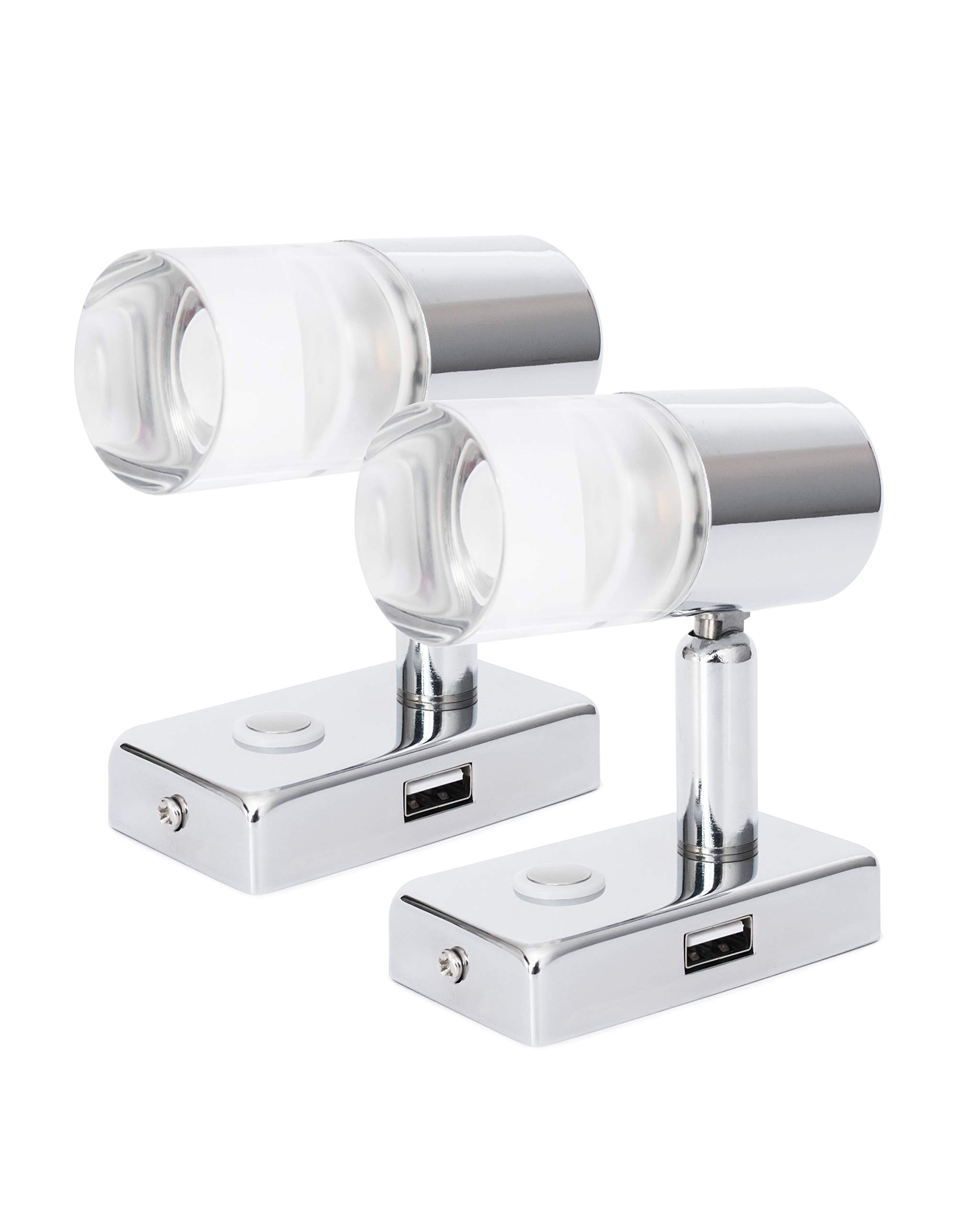 lighteu, 2X 12V 3W A2 USB Ceiling/Wall Spotlight, Chrome Finish, Reading Light Turn and Swivel with Touch Switch Dimmable Warm White/Blue Light for Yacht, Caravan, RV