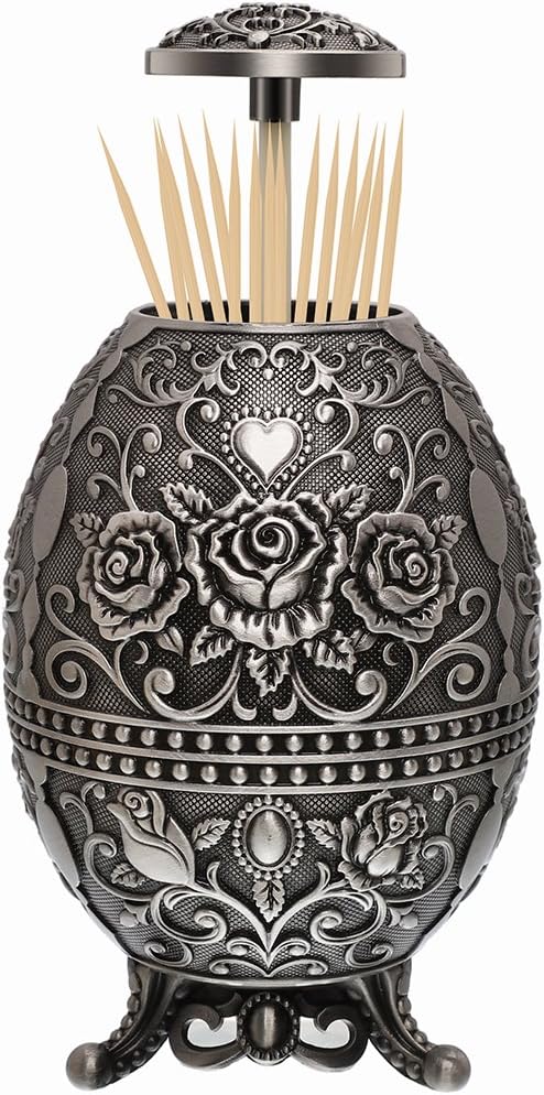 Portable Retractable Toothpick Holders with Bottle Opener Function Hand Push Metal Toothpicks Dispenser Automatic Retro Pop up Case Storage Organizer Container Ornament for Kitchen(Flower- Tin Color)