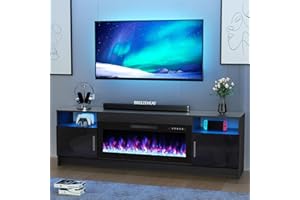 BREEZEHEAT Electric Fireplace TV Stand with 36 inch Fireplace Up to 80" TVs-Led Entertainment Center with High Glossy Doors-70 inch TV Cabinet, Modern Media Console for Living Room(Black)