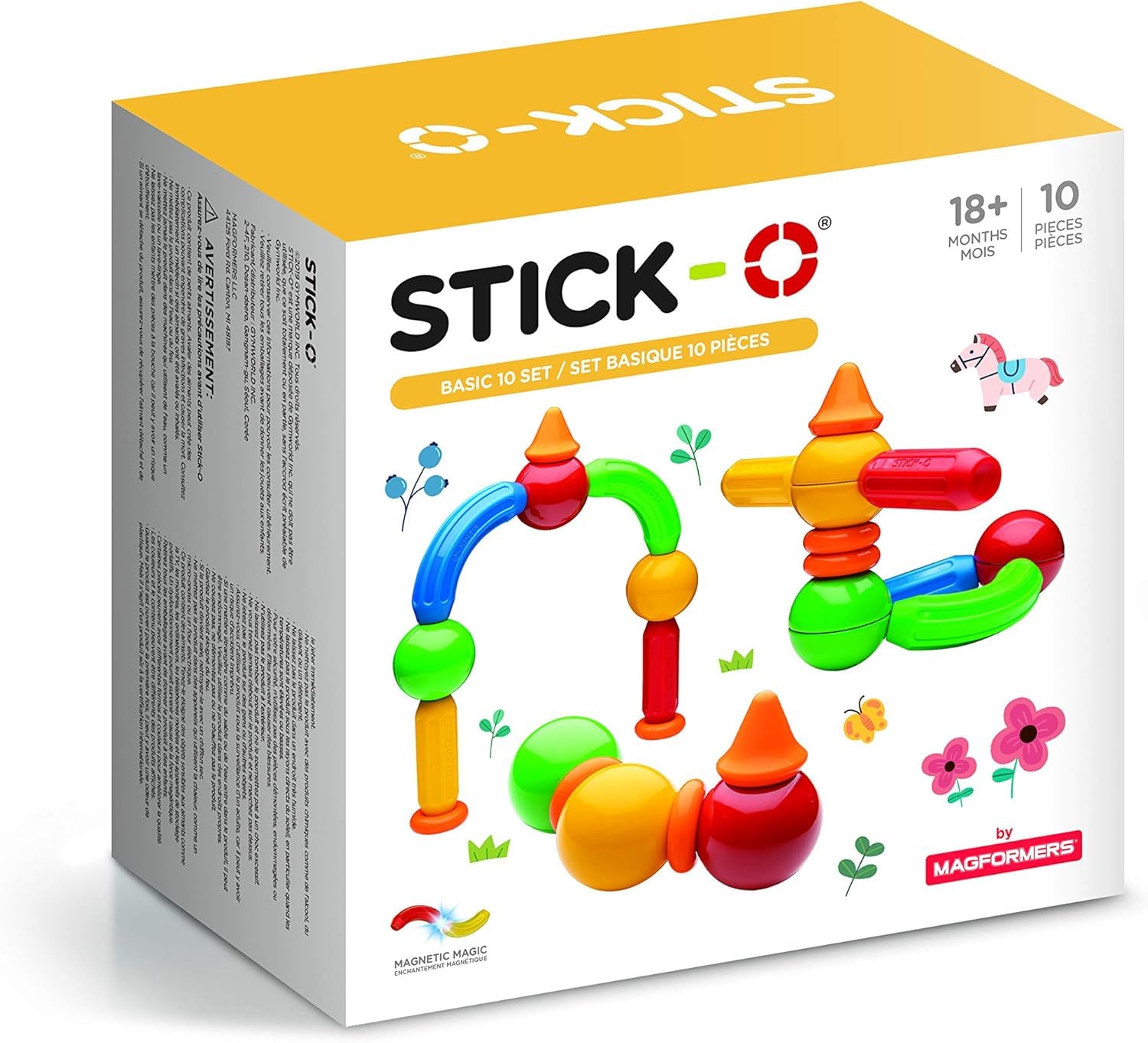 Stick-O Basic 10-piece Magnetic Building Blocks Toy. Preschool STEM Toy With Large Pieces And Grippy Groove Design. Designed By Magformers For Young Children.