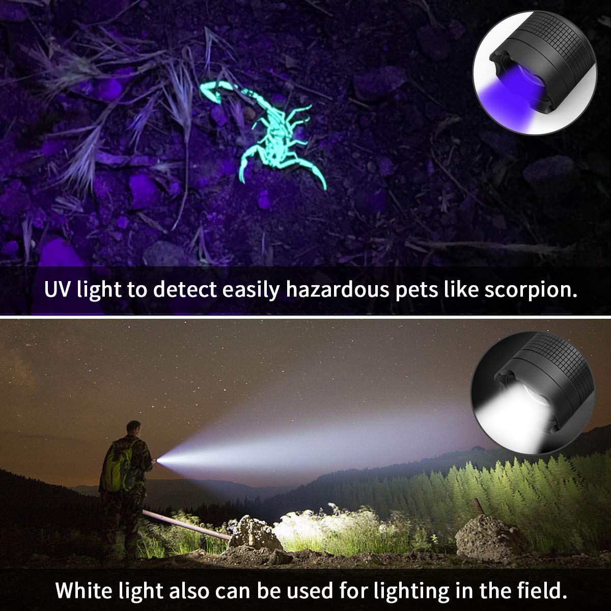 Linterna recargable Morpilot 2 EN 1 UV y LED Linterna Táctica con clip de bolsillo, 500 lúmenes y 4 modos de luz Linterna Zoom OUT/IN Impermeable IPX 4 (batería y cargador incluidos)