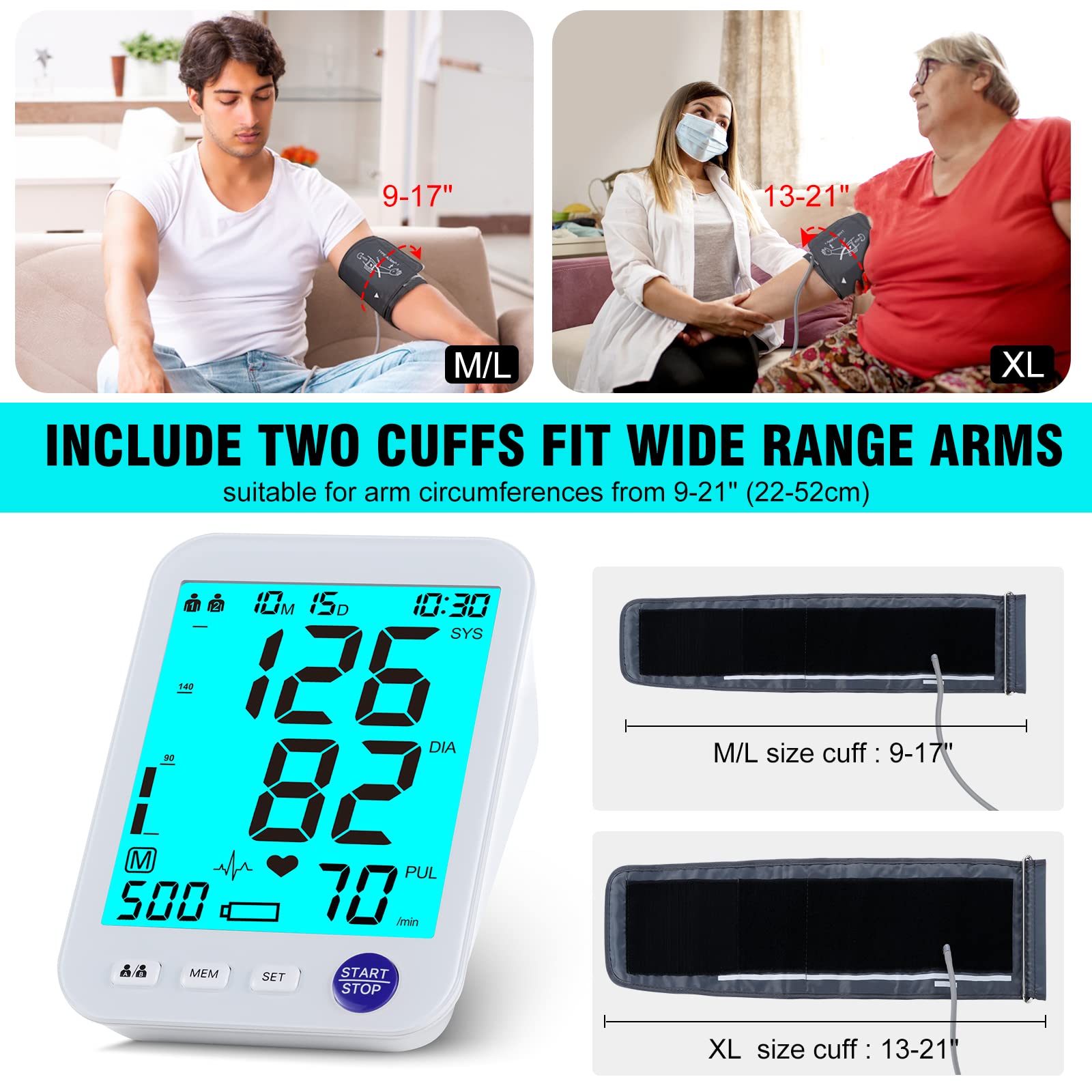 Blood Pressure Monitor-Automatic Blood Pressure Machine XL Cuff for Big Arms 13-21”-Medium/Large Cuff 9