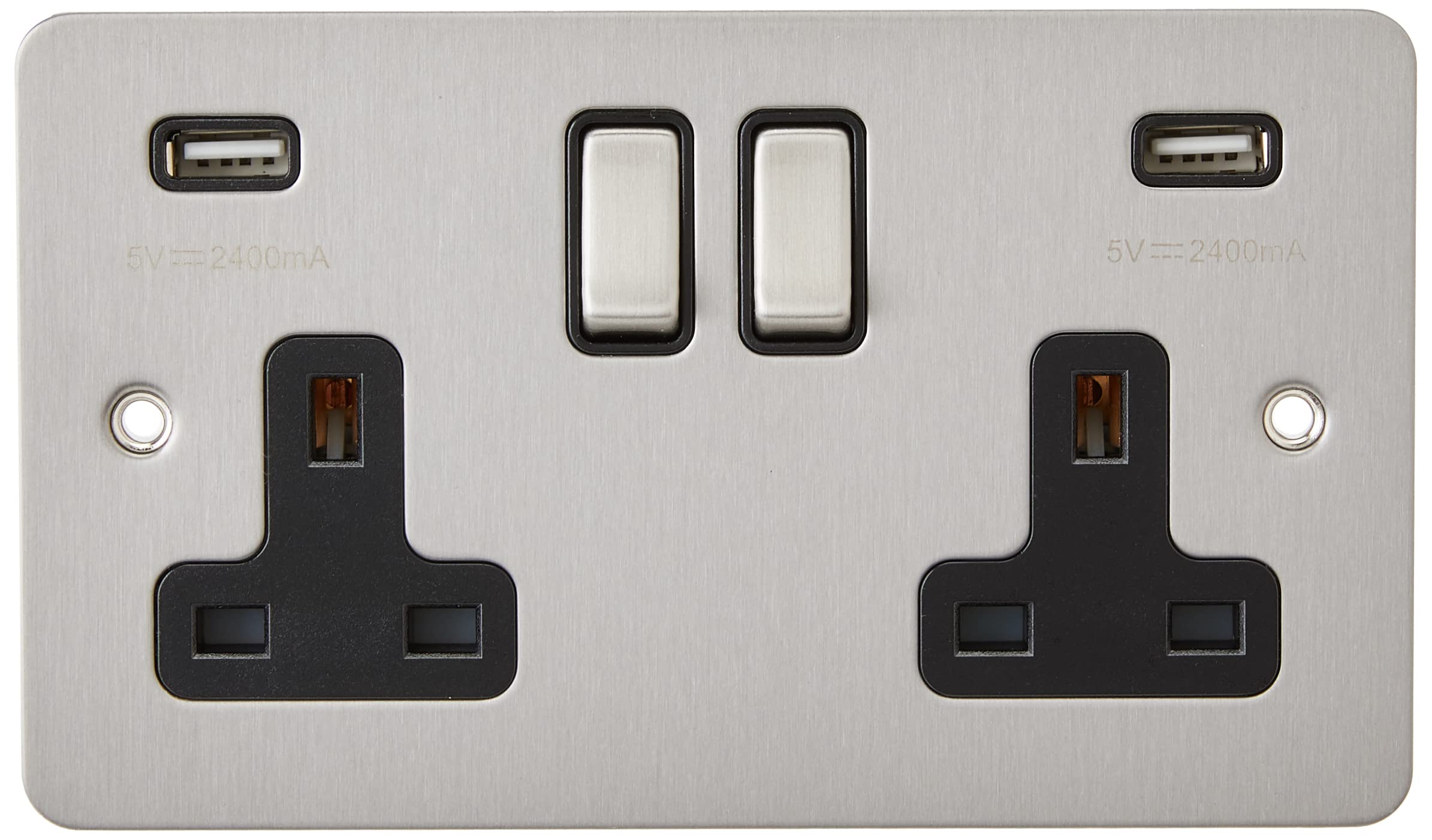 AET USBFSC2GSOCBC 13 A 2-Gang Satin Chrome Flat Double Plug Socket Dual USB Power Outlet W/USB Charging Ports with Black Insert Metal Rocker Switches