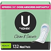 U by Kotex Clean &amp; Secure Maxi Pads, Heavy Absorbency, 132 Count (3 Packs of 44) (Packaging May Vary)