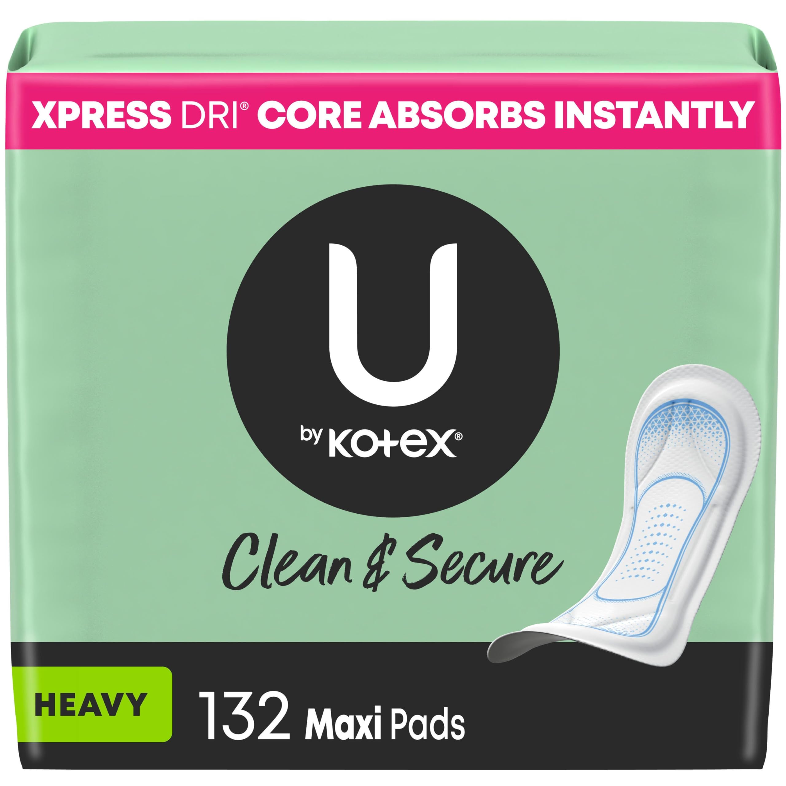 Photo 1 of U by Kotex Clean & Secure Maxi Pads, Heavy Absorbency, 132 Count (3 Packs of 44) (Packaging May Vary)