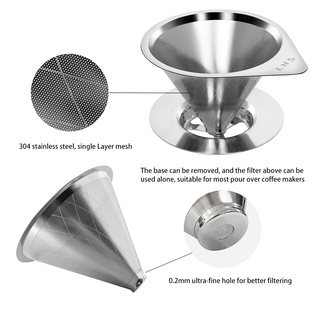 LHS Pour Over Coffee Dripper Reusable Coffee Filter Paperless Coffee Filter Stainless Steel Pour Over Coffee Maker Cone Coffee Dripper for 1-2 Cup,Argyle Pattern