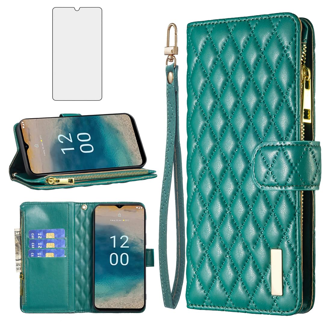 Asuwish Phone Case for Nokia G22 Wallet Cover with Tempered Glass Screen Protector and Leather Flip Credit Card Holder Stand Cell Accessories Magnetic Full Body NokiaG22 G 22 22G Women Girls Green