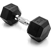 CAP Rubber Coated Dumbbell Weights, Free Weights for Home Gym Strength Training, Anti-Roll Hex Dumbbells with Black, Chrome &amp; Comfort Grip Handles, Singles
