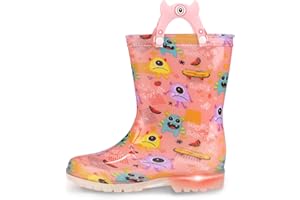 JSLOVE Toddler-Kids Light Up Rain Boots, Printed 100% Waterproof Glitter Rain Boots with Easy On Handles for Girls and Boys, Mud Lightweight Adorable with Non-Slip Sole