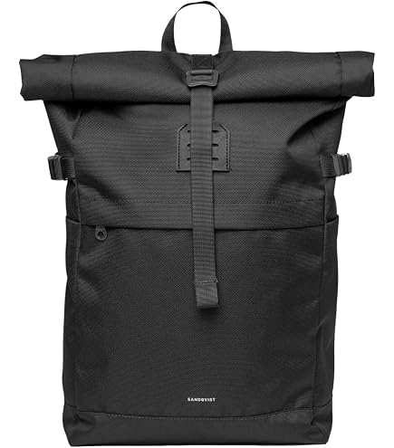 Sandqvist Men's Icon Large Rolltop Backpack, Black With Black Leather, One Size