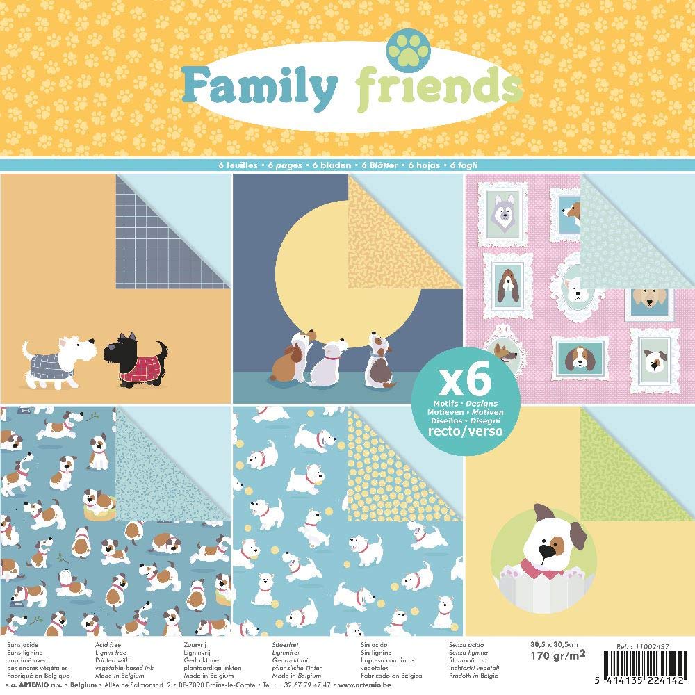 Artemio Set 6 Family Friends Dogs Double-Sided 170 g Sheets, Multi, 30 x 30 cm