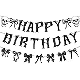 3pcs Gothic Black Bow Birthday Party Decorations Gothic Black Bow Happy Birthday Banner Skull Skeleton Garland Goth Party Decorations Supplies for Emo Spooky Halloween Party Anniversary