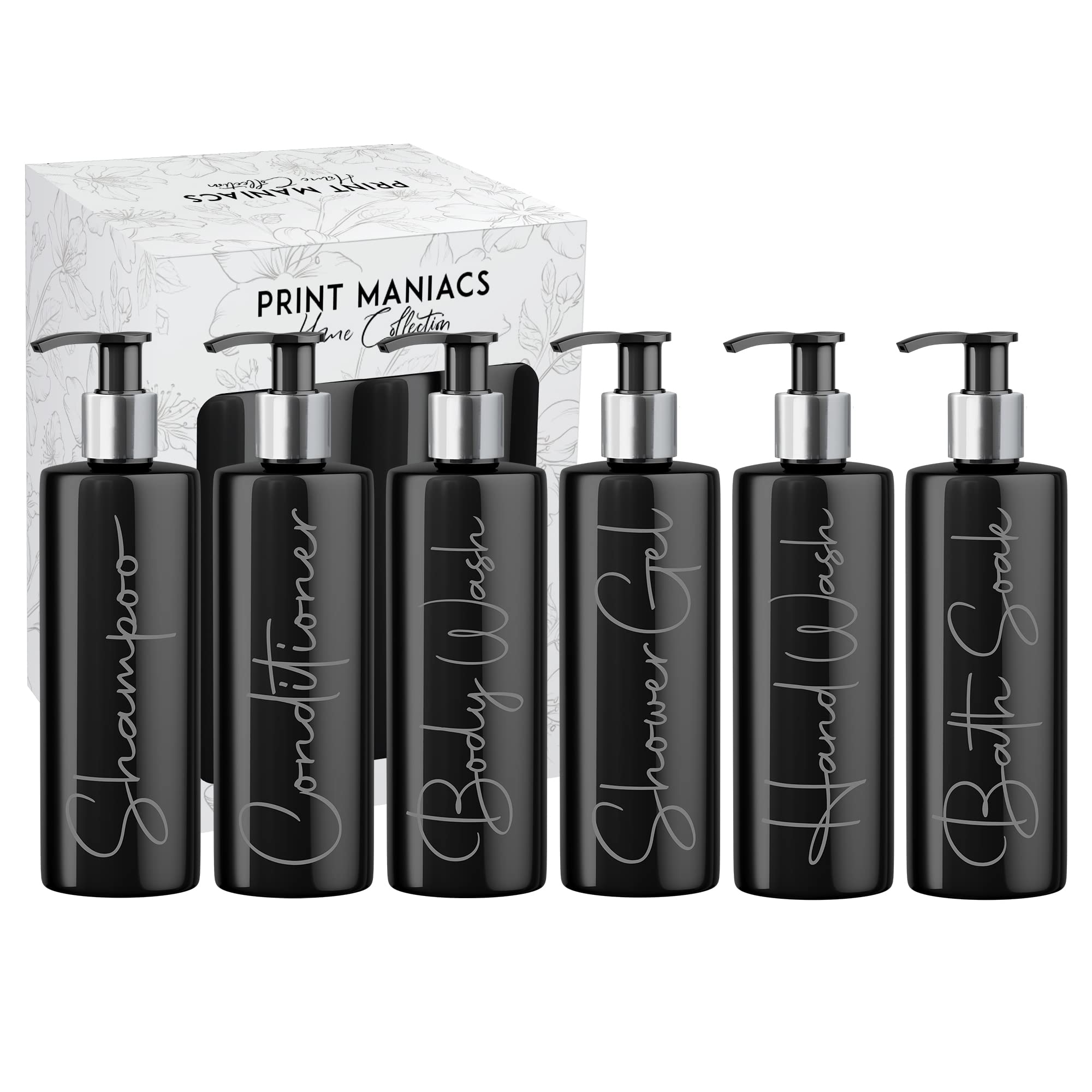 Print Maniacs Mrs Hinch Inspired Black Personalised Dispenser Silver Pump Bottles Set 6 (GREY, F2)