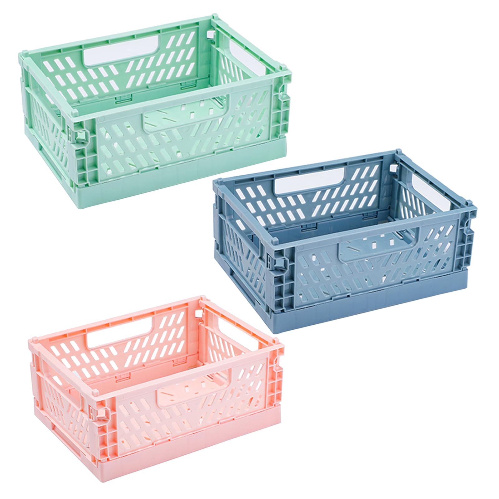 Jarsense 3PCS Foldable Desktop Organizer Stackable Plate Basket Storage Box For Office Bathroom Bedroom Stationery Toiletries Cosmetics(Pink＋Green＋Blue)