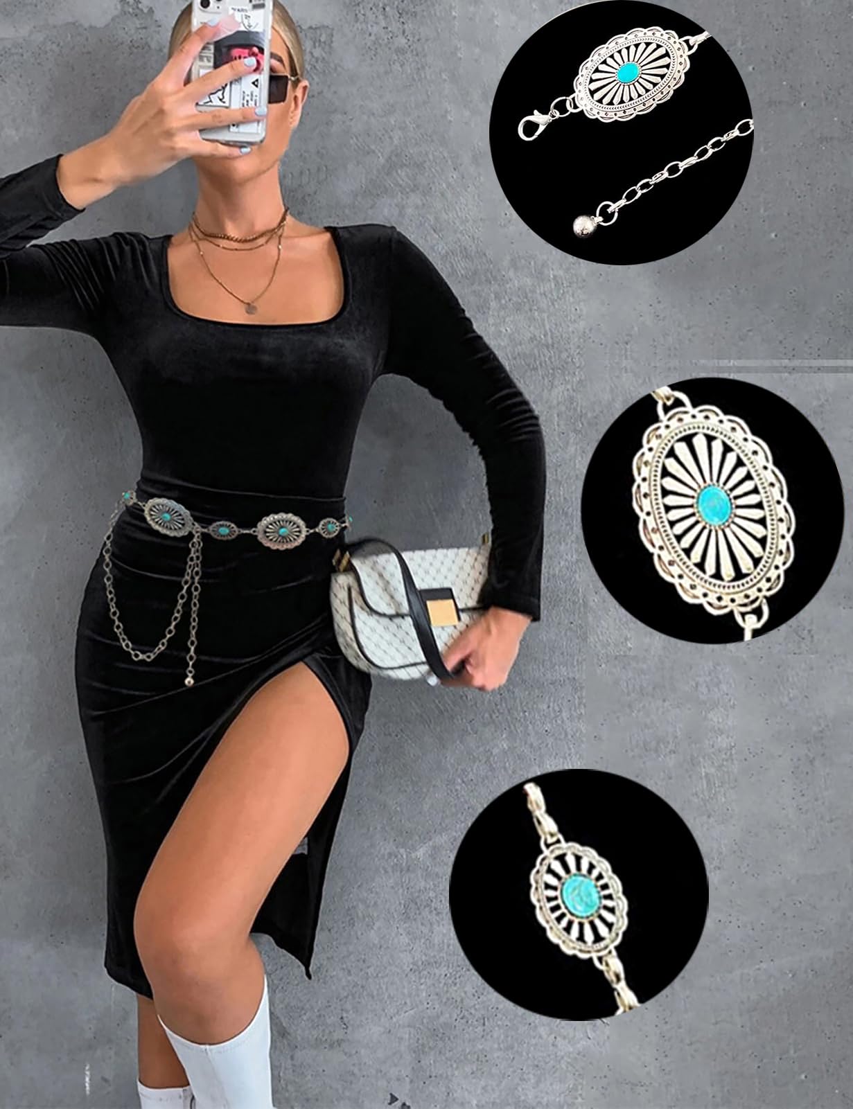 TOPACC Western Metal Concho Belt for Women Cowgirl Chain Belts for Dresses Jeans Country Concert Outfit