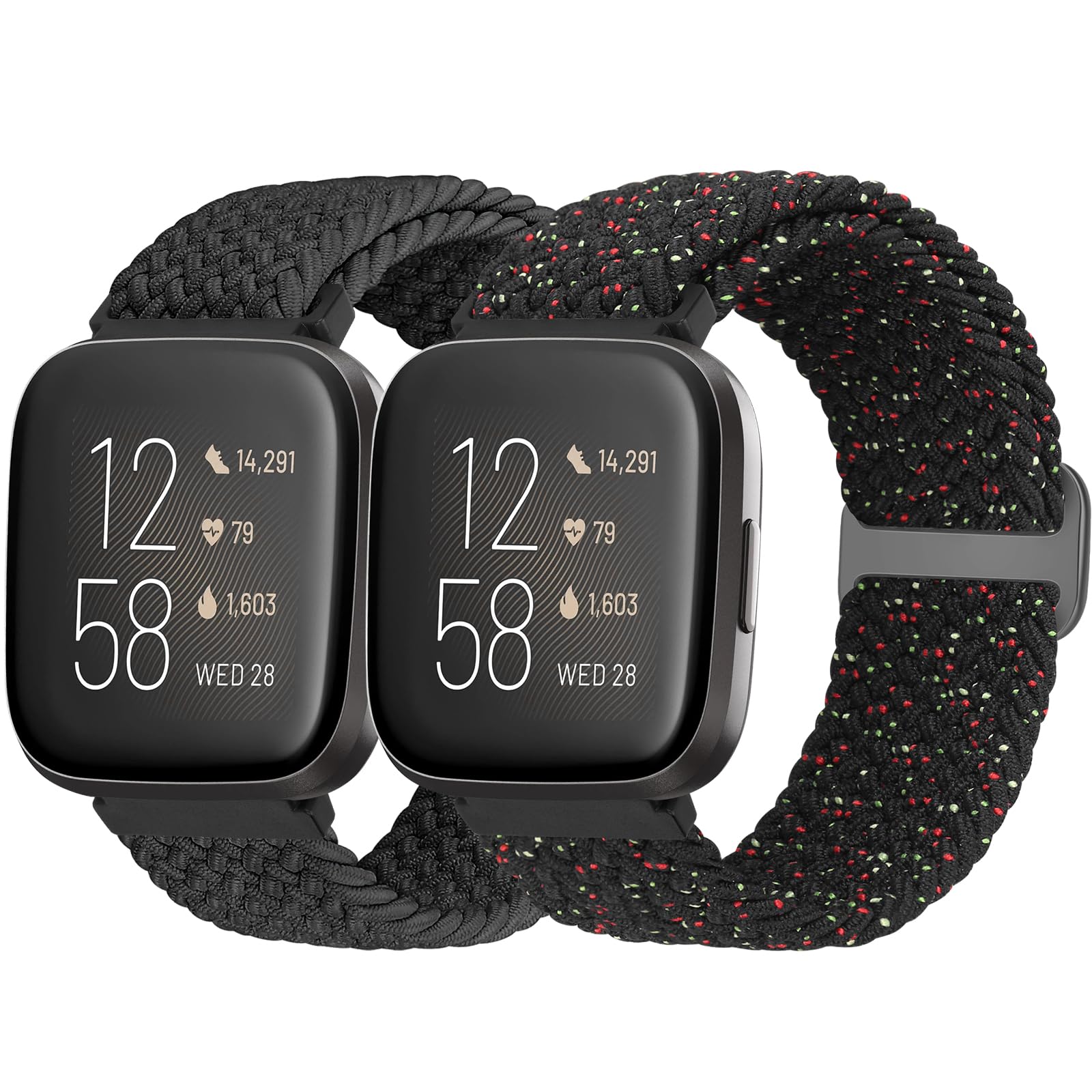 Bcuckood Braided Strap Compatible for Fitbit Versa 2/Versa Lite/Versa SE, 2 Pack Adjustable Elastic Nylon Sport Watch Band for Women Men