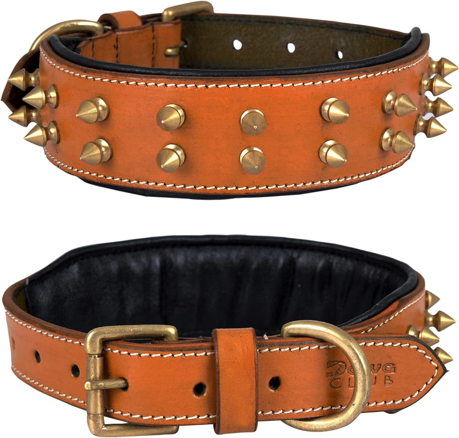 DowgClub | Genuine Leather Spike Dog Collar | Full Grain, Heavy Duty | Padded, Comfortable, Strong, Best for Large, X-Large Breeds | 2" Wide (M (Fit Neck Size 14.5"-18.5"), Brown - Gold Spikes) — image 1