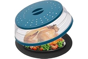 WENWELL Large Microwave Splatter Cover & Silicone Mat,12 Inchs Vented Collapsible Guard dish Plate lid & Round Kitchen mat for food