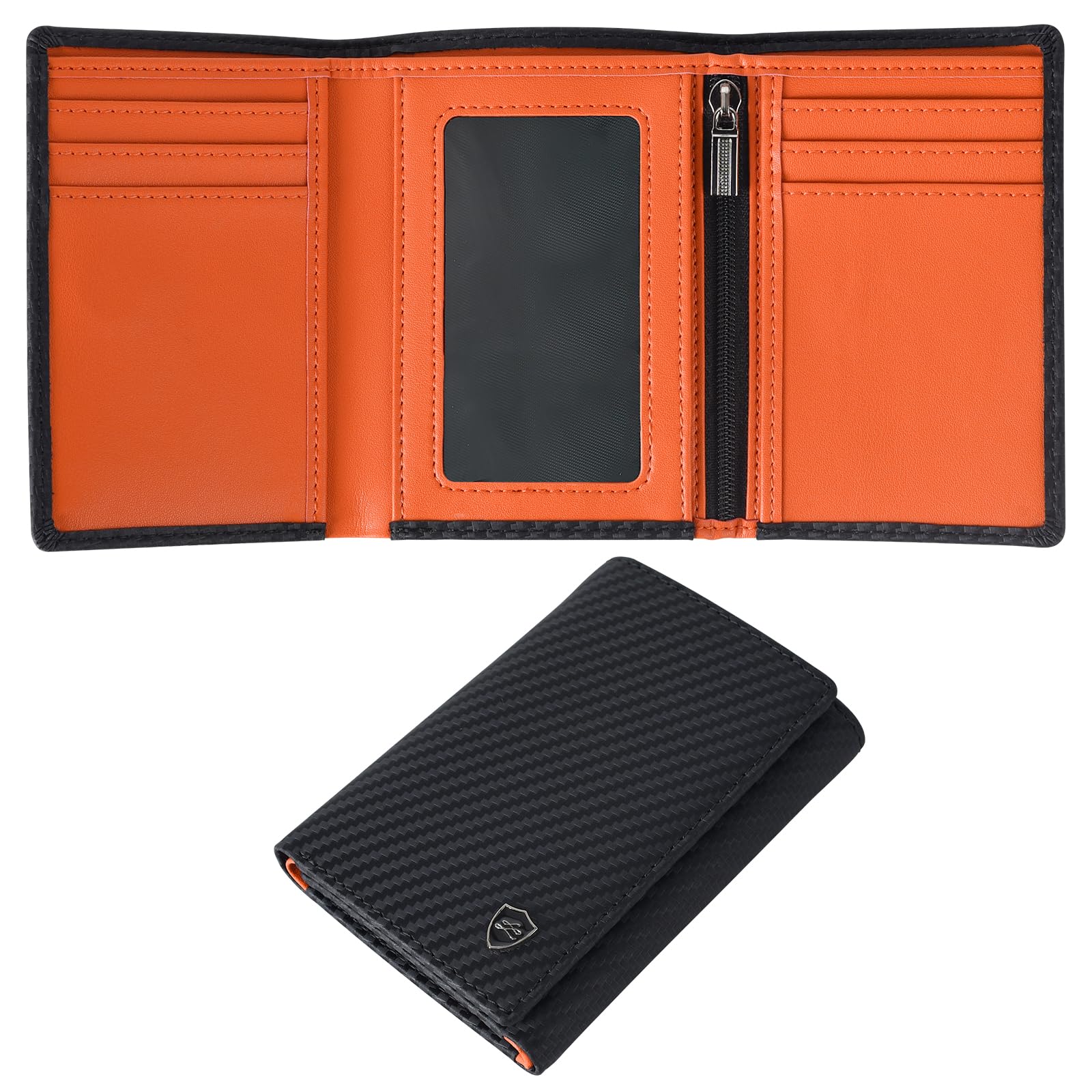 LIVLOKO London RFID Anti Theft Wallet for Men UK Small Slim Thin Carbon Fibre Wallet Coin Pocket Storage Card Holder Exclusive Gents Custom Designer Premium Birthday Gift Box Handmade Black & Orange