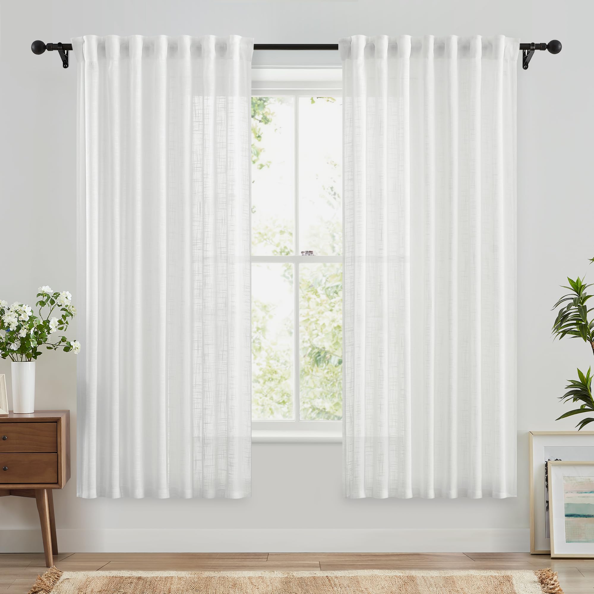 Fmfunctex White Rod Pocket Sheer Curtains for Bedroom 72 Drop Linen Textured Back Tab Curtains for Living Room Semi Sheer Light Filtering Window Curtain Drapes for Dining Room 2 Panels