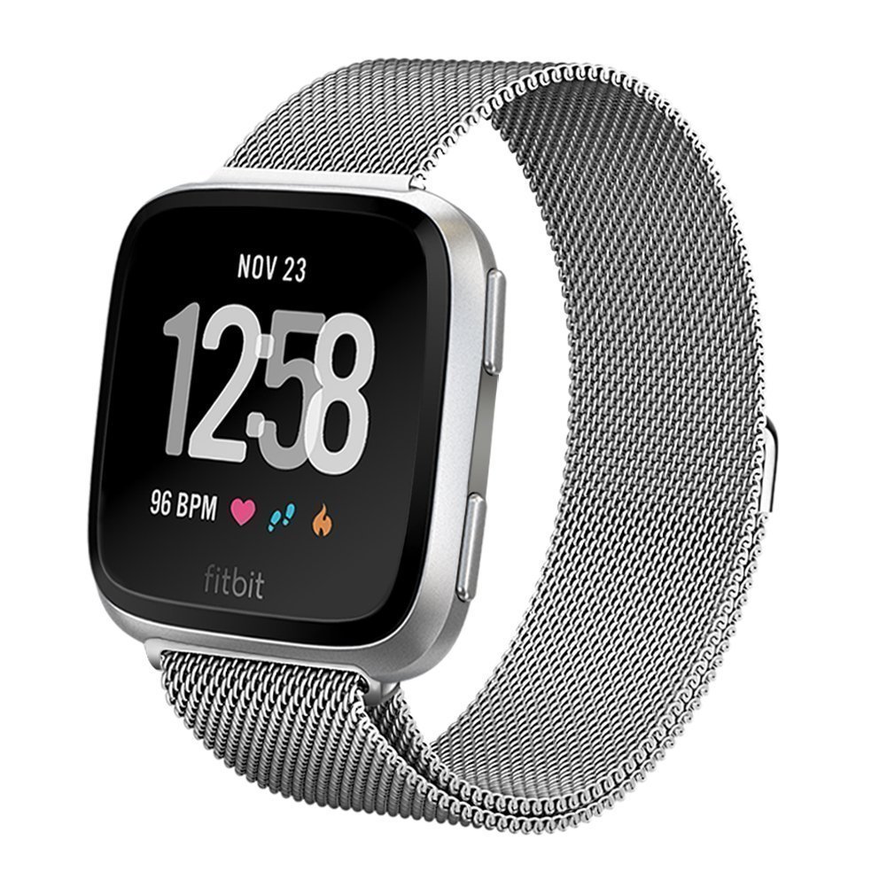 Mercase Fitbit Versa Armband[Prämie Edelstahl, Starkem Magnetverschluss, Atmungsaktivem Super Comfortable Milanese Loop]Smartwatch Verstellbarem Ersatzband Sports Armbänder Klein(5.5”-7.6”) Silber