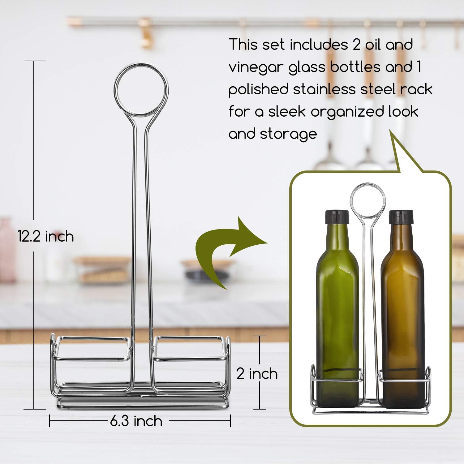 Aozita 17oz Olive Oil Dispenser Bottle Set with Stainless Steel Holder Rack - 500ml Glass Oil & Vinegar Cruet with No-drip Pourers, Funnel, and Labels - Dark Green & Brown: Home Improvement