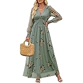 ANRABESS Women's Floral Maxi Dress 2025 Fall V Neck Puff Long Sleeve Flowy Casual Wedding Guest Tea Party Tulle Dresses